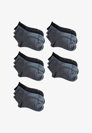 Sechserpack Socken in verschiedenen Grautönen, Schwarz und Marineblau. Baumwollmischung, Knöchelhöhe mit gerippten Bündchen und verstärkter Zehenpartie.