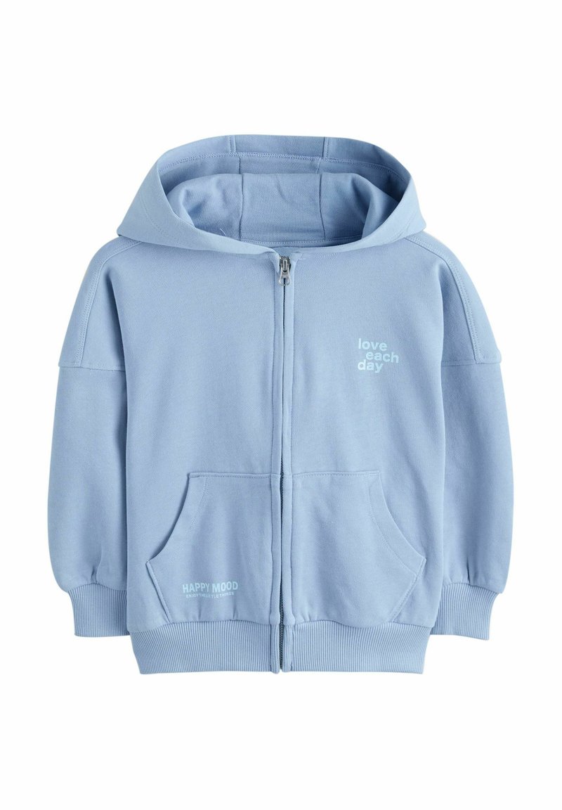Haut de sweat à capuche bleu clair zippé en coton. Présente une capuche avec cordon de serrage, des poches avant et un texte imprimé : "aime chaque jour" et "HAPPY MOOD."