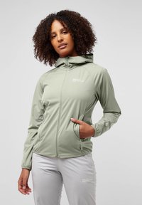 Veste légère de couleur vert clair, avec capuche, fermeture éclair, deux poches latérales et détail de logo. Texture lisse et design ajusté.