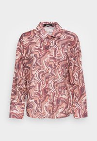 Camisa de botões com um padrão marmoreado em tons de rosa e borgonha. Feita de um tecido leve, com colarinho e bolso no peito.