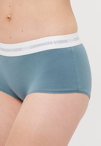 Nærbillede af en person iført blå boyshort-style undertøjsbukser med en hvid talje, der er mærket "Copenhagen Studios."