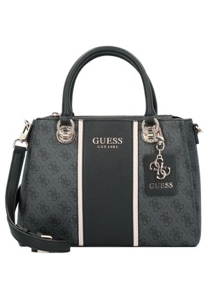 Sort og grå Guess håndtaske med monogrammønster, dobbelte top håndtag, aftagelig skulderrem og sølv logo accenter inklusive en hængende charm.
