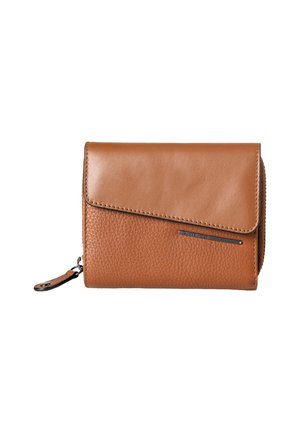 Brown leather wallet with textured finish, flap closure, and a metal accent. Features a zipper pull and card slots inside.