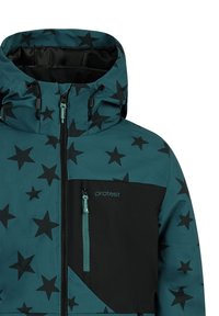 Tirkizna zimska jakna s uzorkom crnih zvijezda; ima patentni zatvarač sprijeda, podesivu kapuljaču i prsni džep s kontrastnim obrubom.