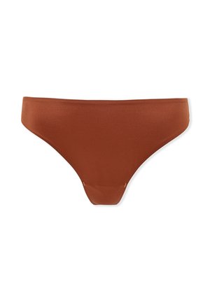 Bruine bikini onderkant met een gladde textuur, een ontwerp met minimale bedekking en een effen kleur zonder patronen of hardware accenten.