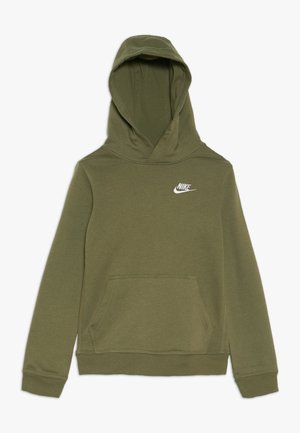 Sweat à capuche Nike vert olive avec poche avant, manches longues, et logo Nike blanc sur la poitrine gauche.
