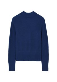 Navyblauer gestrickter Pullover mit hohem Kragen, langen Ärmeln und cropped Schnitt. Verfügt über eine weiche Textur und Rippdetails am Saum und an den Bündchen.
