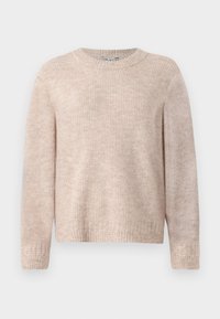 Μπεζ πουλόβερ με ριγωτή υφή, στρογγυλή λαιμόκοψη και μακριά μανίκια. Απλός σχεδιασμός με χαλαρή εφαρμογή και χωρίς εμφανείς σχέσεις.