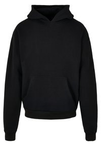 Sort hættebluse lavet af blødt stof, med en stor frontlomme, lange ærmer og hætte med snørebånd. Enkel, sammenhængende design.