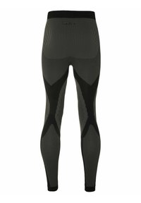 Leggings sportivi neri con un motivo testurizzato, caratterizzati da strisce verticali e orizzontali, e una vita a contrasto per un supporto aggiuntivo.
