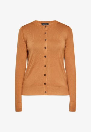 Cardigan de manga larga color marrón camello con cuello redondo y cierre frontal de botones, puños y dobladillo acanalados, textura de punto liso.