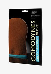 Gant autobronzant marron avec une texture douce, présenté sur un fond noir, comportant des accents turquoises et un texte détaillant les caractéristiques du produit.