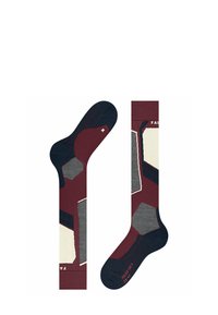 Calzini bordeaux con motivi geometrici in grigio e blu navy. Presentano un tallone e una punta rinforzati, con una texture sottile e un polsino a coste. Indicazione della taglia sulla parte del piede.