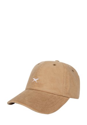 Tan corduroy baseball cap with curved brim and small white embroidered logo on front center.