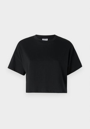 Čierne skrátené tričko s krátkymi rukávmi a okrúhlym výstrihom, vyrobené z hladkej bavlnenej látky, s minimalistickým dizajnom a jemnými švovými detailmi.