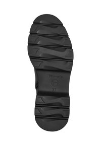 Suela de zapato de goma negra con franjas texturizadas, puntera redondeada y logotipo de la marca en relieve con tamaño 37. Diseño robusto para una buena tracción.