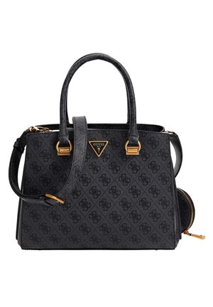 Zwarte Guess-handtas met dubbele handvatten, gouden hardware, een afneembare schouderband en monogrampatroon.