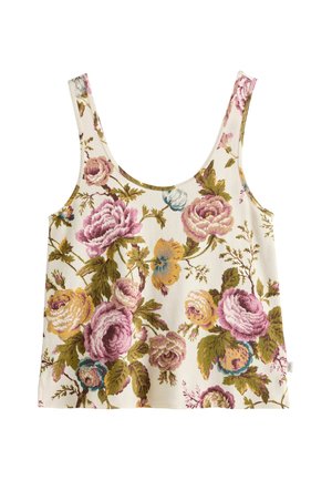 Ärmelloses Crop-Top mit Rundhalsausschnitt, verziert mit einem floralen Muster aus großen rosa, gelben und blauen Blumen mit grünen Blättern auf weißem Hintergrund.