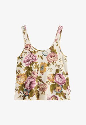 Sleeveless crop top with scoop neck, featuring a floral pattern of large pink, yellow, and blue flowers with green leaves on a white background.