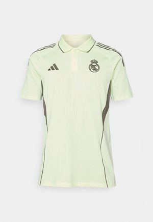 Lichtgroene polo met korte mouwen, zwarte accenten en logo op de borst. Bevat een kraag en een drieknopenlijst.