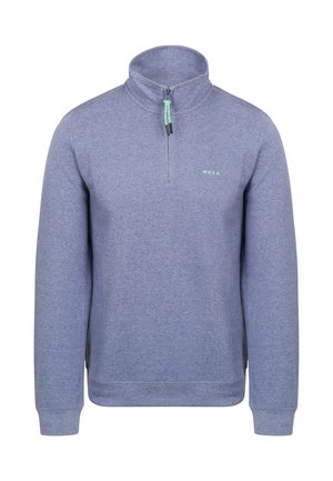 Pullover sweatshirt in lichtgrijs-blauwe stof, met een hoge kraag, rits bij de hals en geborduurd logo op de linkerkant van de borst.