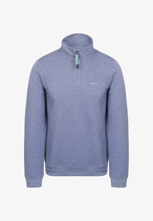 Pullover-Sweatshirt aus hellgrau-blauem Stoff, mit hohem Kragen, Reißverschluss am Hals und gesticktem Logo auf der linken Brust.