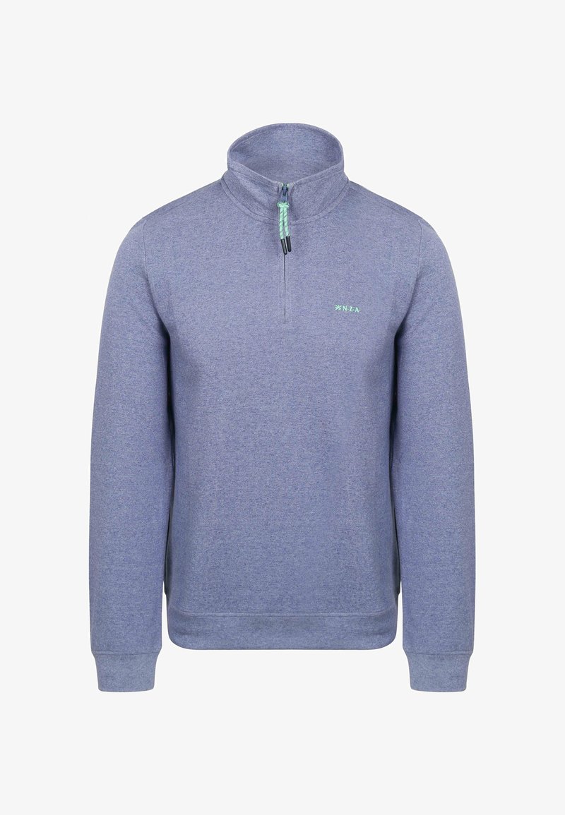 Pullover sweatshirt in lichtgrijs-blauwe stof, met een hoge kraag, rits bij de hals en geborduurd logo op de linkerkant van de borst.