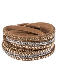 Flätad läderarmband med guld- och silverpärlor, blandat med klara rhinestones, i bruna och metalliska färger, med en texturerad yta.