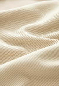 Tissu ribbé beige clair avec de subtiles rayures verticales, présentant une texture douce et un tombé élégant. Idéal pour les vêtements ou les applications de tapisserie.