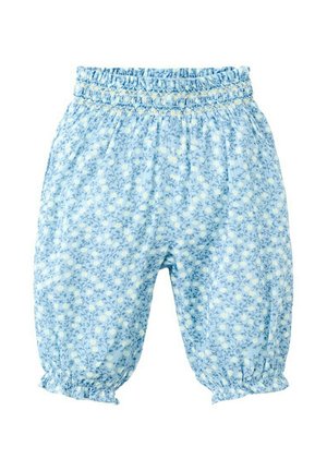 Svijetloplave dječje hlače s elastičnim pojasom i manžetama, s malim bijelim cvjetnim uzorkom i labavim, udobnim krojem.