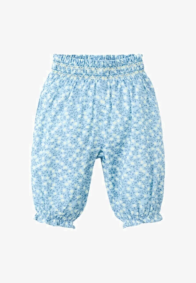 Hellblaue Babyhosen mit elastischem Bund und Bündchen, versehen mit einem kleinen weißen Blumenmuster und lockerem, bequemem Schnitt.