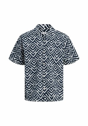 Short-sleeve button-up shirt with navy and white geometric tribal pattern, collar, and front buttons.