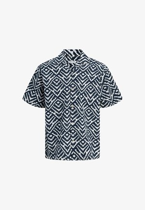 Kortermet skjorte med knapper med marineblått og hvitt geometrisk stammemønster, krage og knapper foran.