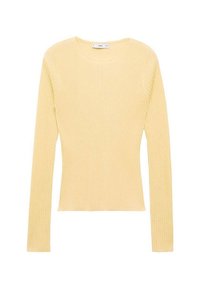 Haut à manches longues, près du corps, en maille côtelée jaune clair, fabriqué en matière tricotée douce, avec un col rond et aucune fermeture visible.