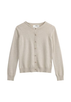 Helle beige Strickjacke aus weichem Stoff, mit runder Ausschnitt, langen Ärmeln, Knopfverschluss auf der Vorderseite sowie gerippten Bündchen und Saum.