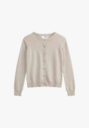Lichtbeige cardigan gemaakt van zacht materiaal, met een ronde halslijn, lange mouwen, knoopsluiting aan de voorkant en geribde manchetten en zoom.
