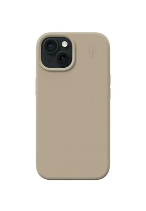 Beige silicone phone case with precise cutouts for dual cameras. Smooth texture and rounded edges provide a snug fit and grip.