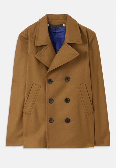 Brūns vilnas peacoat ar divkāršu pogu aizdari, lieliem apkaklītes galiem un melnām pogām. Iespējas sānu kabatas un zilu iekšējo oderi.