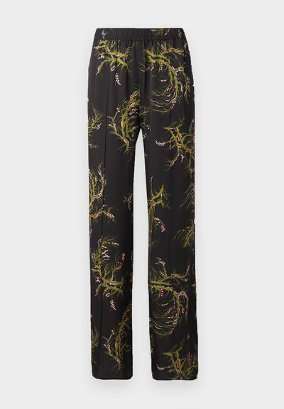 Μαύρο παντελόνι με πράσινο και ροζ βοτανικό σχέδιο, ελαστική μέση, ίσια γραμμή και ύφασμα που δεν κάνει ρυτίδες.