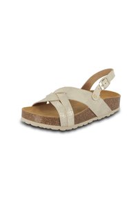 Sandalia beige brillante con un diseño entrecruzado, tira ajustable en el tobillo y suela de cuña de corcho. Acabado texturizado y construcción ligera.
