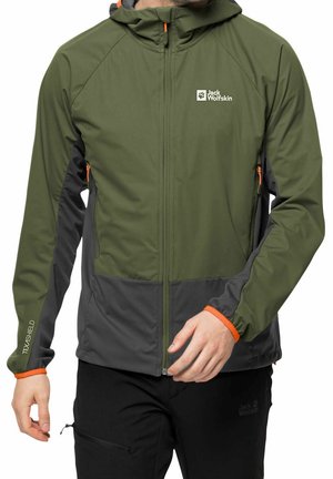 Grön och grå tvåtonskappa med dragkedja framtill, justerbar huva och orange detaljer. Tillverkad av flexibelt Texashield-material.