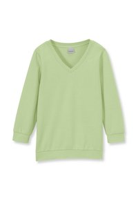Lichtgroene pullover met een v-hals, lange mouwen en geribbelde manchetten. De stof lijkt glad met een zachte textuur en een comfortabele pasvorm.