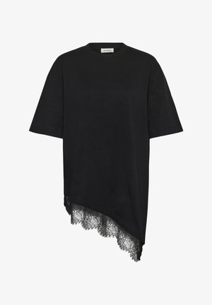 Haut noir asymétrique à manches courtes avec bordure en dentelle sur le côté le plus long et un col rond.