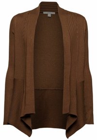 Bruine cardigan met ribbeltextuur, open ontwerp en uitlopende mouwen. Het materiaal is zacht, met verschillende ribbelpatronen door het hele kledingstuk.