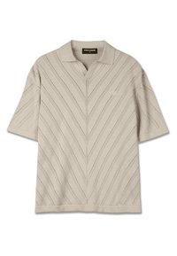 Beige, rövid ujjú poloing V-kivágással, texturált, cakkos mintával és kis mellzsebbel. Puha kötött anyagból készült.