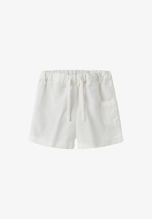 Hvide bomuldsshorts med elastisk talje og snor, med en sidelomme og rullet kant. Blød tekstur og afslappet pasform.