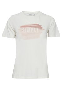 Witte katoenen t-shirt met een ronde hals en korte mouwen. Bevat een pastelroze penseelstreekontwerp met de tekst "SIMPLE IS BEAUTIFUL."