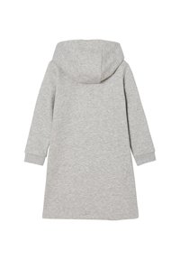 Graues Sweatshirtkleid mit Kapuze, langen Ärmeln und weicher Textur, entworfen mit einem einfachen, geraden Schnitt für eine lässige Passform.