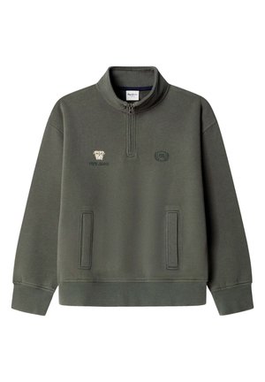 Dunkelgrünes Sweatshirt mit Viertelreißverschluss, langen Ärmeln, zwei Fronttaschen, Pepe Jeans-Logo und einer kleinen Bulldog-Grafik auf der Brust.