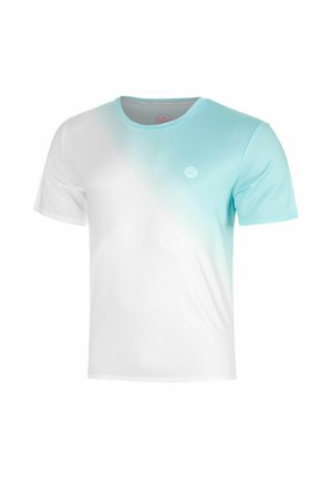 Kurzärmeliges T-Shirt mit Rundhalsausschnitt, weiß-blauem Farbverlauf und kleinem rundem Logo auf der linken Brust.